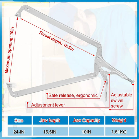 Two Pack 24 Inch Locking C Clamp With Large Opening Jaws And Adjustable Pliers With Grip Swivel Pads Alloy Steel Construction