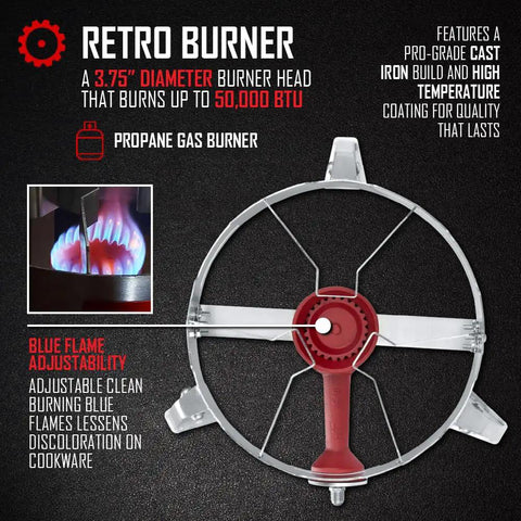 Titan Single Propane Burner With 50,000 BTU Power showing retro burner head, red handle, and cast iron build.