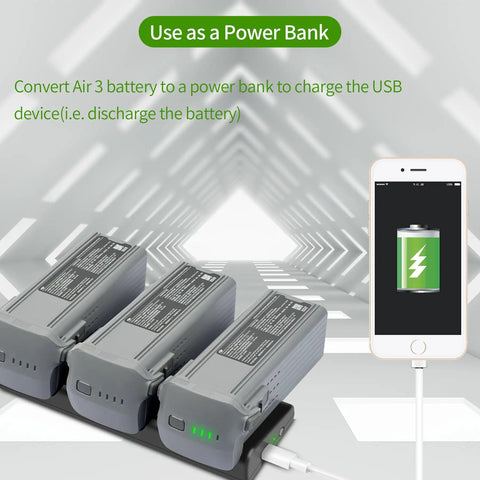 Two-Way Charger Hub For DJI Air 3S And Air 3 Batteries charging three packs, with power bank feature visible.