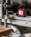 Rechargeable Digital Angle Finder Featuring Straight Up Tough V Shape Magnet And Auto Rotating Backlit Display Built For Weekend Warriors And Diy Hobbyists Demanding Nailed It Precision Daily on a woodworking saw.