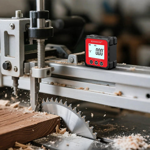 Rechargeable Digital Angle Finder Featuring Straight Up Tough V Shape Magnet And Auto Rotating Backlit Display Built For Weekend Warriors And Diy Hobbyists Demanding Nailed It Precision Daily on a woodworking saw.