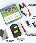12KV Electric Fence Charger With LED Indicator, 15 KM Range, 2J Output, Works On AC DC Battery Or Solar Power, kit contents