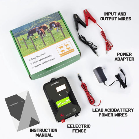 12KV Electric Fence Charger With LED Indicator, 15 KM Range, 2J Output, Works On AC DC Battery Or Solar Power, kit contents