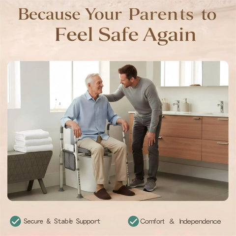 Heavy Duty Raised Toilet Seat With Grip Bars For Seniors, four hundred fifty pound weight commode chair riser in bathroom with users.
