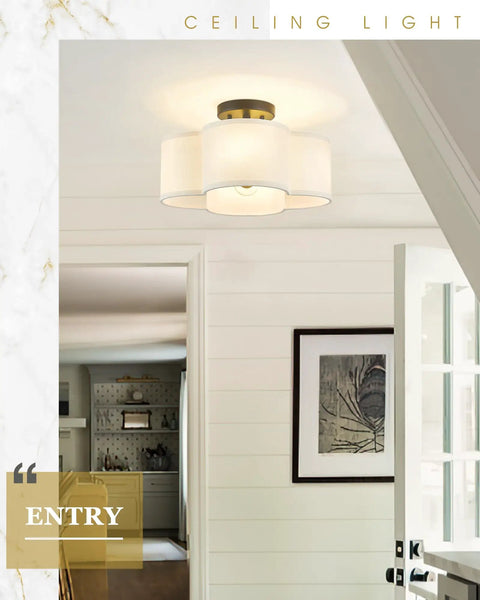 Black Semi Flush Mount Ceiling Light With Fabric Shade In Quatrefoil Shape, No Fuss Farmhouse 13 Inch Ceiling Fixture for entryway