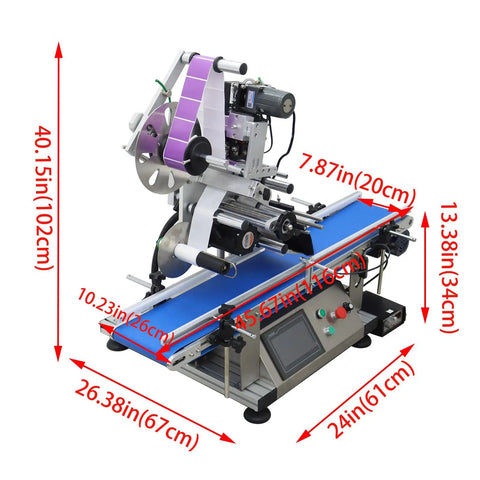 Industrial Grade Automatic Flat Surface Label Applicator With Touchscreen Control And Auto Photo Sensor showing dimensions and design.