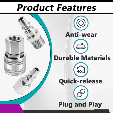 One Quarter Inch NPT A Style Coupler And Plug Kit With Ten S775 Female Couplers Five 777 Male Plugs And Five 778 Female Plugs For Built To Last Rugged Leak Free Quick Connects In Air Tools, showing features like anti-wear and quick-release.