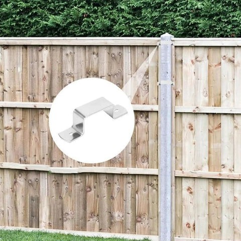 Stainless Steel Fence Brackets 8cm Set Of 10 Heavy Duty Weatherproof Post Clips installed on wooden backyard fencing