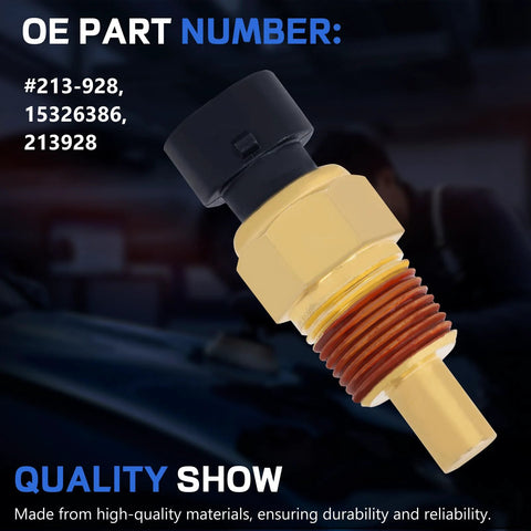 AcornTech 213-928 coolant temperature sensor with brass threaded body and black connector (angled close-up)