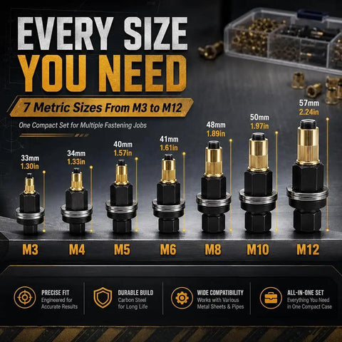 Heavy Duty Carbon Steel Rivet Nut Tool Set Kit For M3 To M12 With Durable Sleeves And Precise Threads Pro Grade Performance For Garage Workshop Or DIY Projects Fast Clean Nutsert Install Every Time, M3-M12 mandrels in case