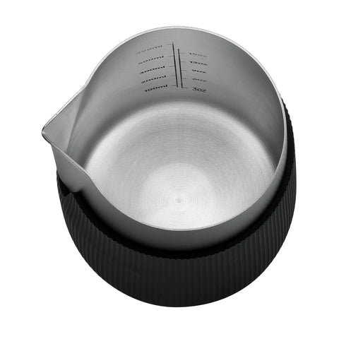 Top view of Handleless Milk Pitcher With Sharp Spout For Latte Art, 20.3 Oz Stainless Steel Frothing Jug, Nonstick Black, 600 Ml