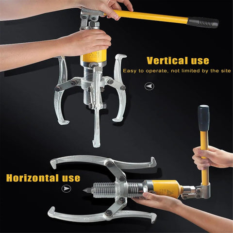 Heavy Duty Shop Beast 20 Ton Hydraulic Gear Puller Kit shown in vertical and horizontal use for easy operation.