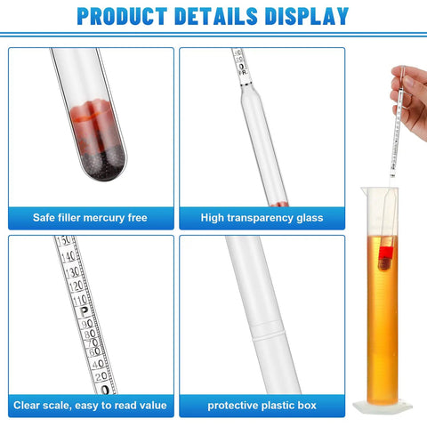 2 Pack Alcohol Hydrometers 0-200 Proof And 0-100 Tralle Alcohol Proof Gauges For Moonshine Still, Home Brew, Wine Making, Distilling, Easy Float And Readout For Accurate Alcohol Content. Glass hydrometer in protective plastic box, 0-200 proof scale, hand-held use