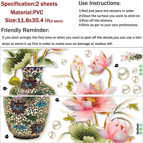 Illustration showing Chinese Style Lotus Flower Vase Wall Sticker With Pearl Accents Peel And Stick Decor For Living Room