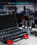 Half Inch Drive Deep Heavy Duty Impact Socket Set Pro Grade 22-Piece CR-MO Steel 6-Point Sockets For Impact Wrench SAE And Metric Sizes For Auto Truck And Machinery Repair in open case on workbench