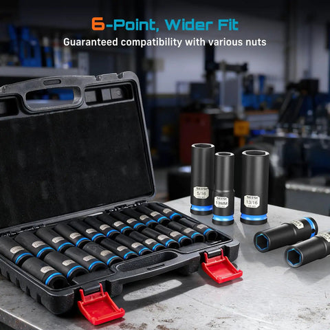 Half Inch Drive Deep Heavy Duty Impact Socket Set Pro Grade 22-Piece CR-MO Steel 6-Point Sockets For Impact Wrench SAE And Metric Sizes For Auto Truck And Machinery Repair in open case on workbench