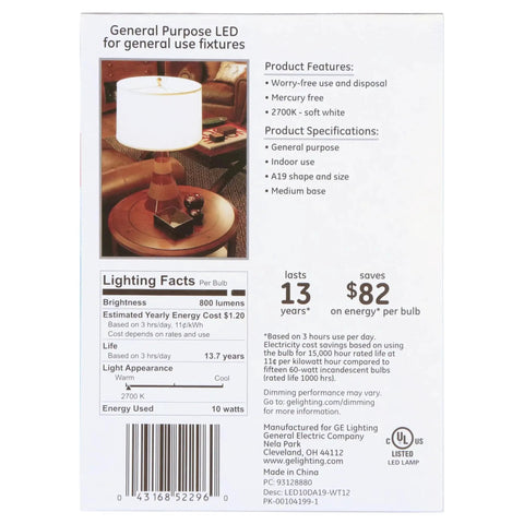 Back of package for 12 Pack 10W LED Bulbs 60W Equivalent A19 Soft White 2700K Dimmable 800 Lumens Medium E26 Base.