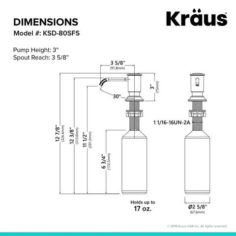 Dimensions diagram for Multi Purpose Kitchen Soap And Lotion Dispenser In Spot Free Stainless Steel With Self Priming Pump