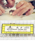 Watchmaker using stem extender and crown set for watch repair, durable parts kit with multiple sizes for restoration.