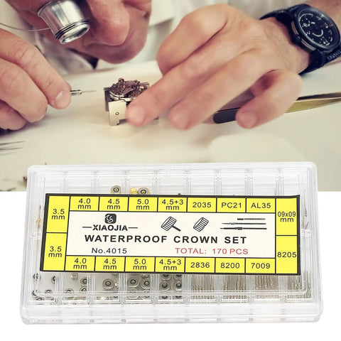 Watchmaker using stem extender and crown set for watch repair, durable parts kit with multiple sizes for restoration.