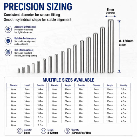 Chart of 8mm Diameter 304 Stainless Steel Dowel Pin Set 8mm To 120mm Lengths Corrosion Resistant, showing multiple pin sizes.