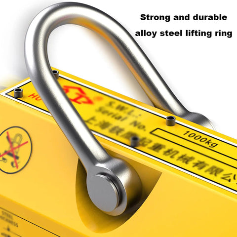 Tough As Nails Permanent Lift Magnet Featuring Sure Grip Handle And Smooth Rotating Shaft For Shop Cranes lifting ring shown, durable alloy steel.