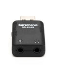 Front view of Compact USB Audio Interface for 3.5mm mics with TRS and TRRS plug in power, real time monitoring via headphone