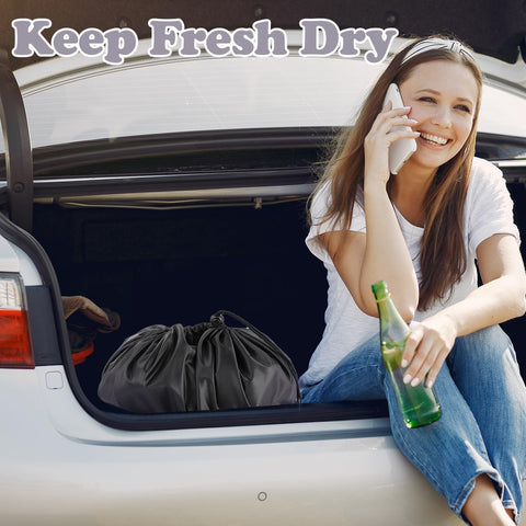 Woman sitting by car with Sand Free Wetsuit Changing Mat And Lightweight Beach Bag With Storage Pockets Drawstring Tote