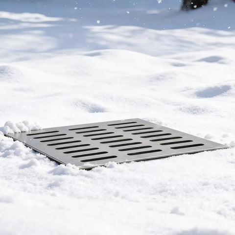 Catch Basin With Stainless Steel Grate And Debris Basket Large 18x18x15 Inch Drainage Basin Installed in Snowy Yard