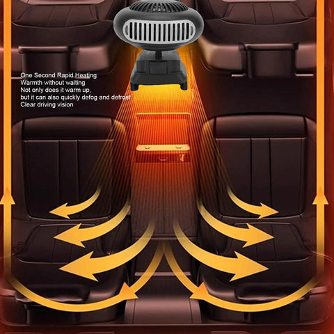 Portable 21V Car Heater And Defroster With 170W Rapid Warm Up Fan showcasing warm airflow in vehicle, designed for quick cabin heating.