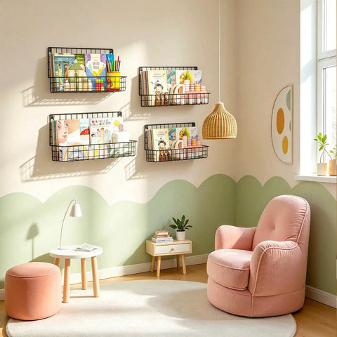 4 Pack Wall Mounted Metal Kids Bookshelf Floating Shelves For Nursery Toddler Room Straight Up Solid Wire Storage Rack displaying books and toys