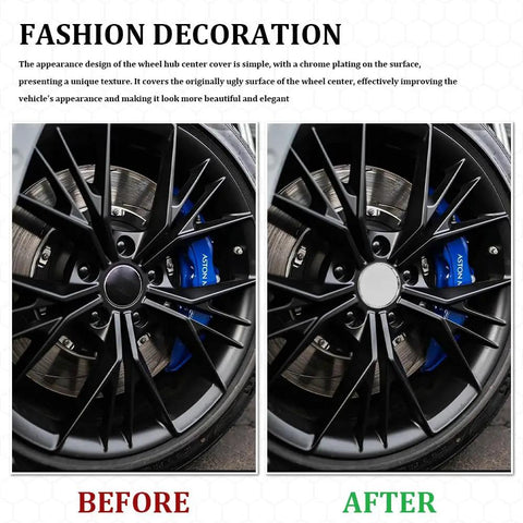 Before and after comparison of Heavy Duty Abs Wheel Center Hub Covers 4 Pack Snap On Rim Caps for better vehicle appearance.