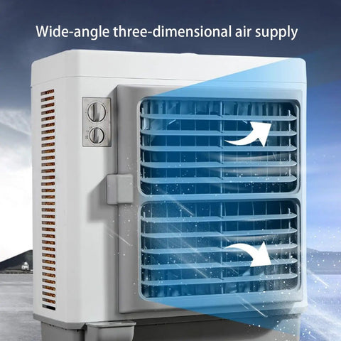Heavy Duty Swamp Air Cooler With Deep Water Reservoir Ninety Degree Oscillation And Multi Speed Settings emitting cool air from vents.