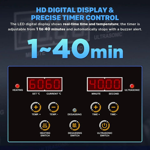 Heavy Duty Ultrasonic Cleaning Machine With Digital Timer Plus Integrated Heater 10 Liter Capacity 40Khz Frequency controls panel showing timer and temperature adjustments.