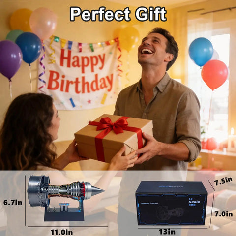 Man receiving wrapped Realistic Turbojet Engine Model With Adjustable Speed And LED Lights Educational Aerospace Toy gift