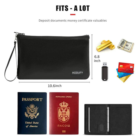 Extreme Heat Fireproof Money And Document Bag 2000F, Black zippered pouch next to passports, cards, cash, and USB.