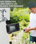 Man using Programmable Sprinkler Timer For Garden Hose Faucet With Rain Delay No Fuss Manual And Automatic Drip Irrigation