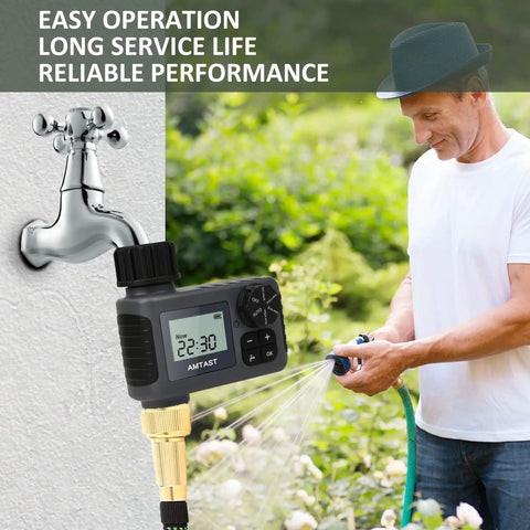 Man using Programmable Sprinkler Timer For Garden Hose Faucet With Rain Delay No Fuss Manual And Automatic Drip Irrigation
