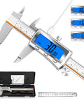 6 Inch Digital Caliper With Rechargeable Battery And Large Backlit LCD For Ultra Precise Measurements In Inches Millimeters And Fractions, Type C Charge, No More Battery Replacements, The Go To Tool For 3D Printing Woodworking And DIY. shown with case and ruler
