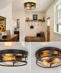 Farmhouse Black 3 Light Flush Mount Ceiling Fixture With Metal Cage Shade in a hallway setting