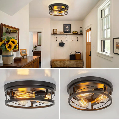 Farmhouse Black 3 Light Flush Mount Ceiling Fixture With Metal Cage Shade in a hallway setting