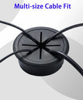 Premium Black Desk Grommets 2 Inch 10 Pack With Cable Management Kit with multiple cables routed through a 2-inch grommet.