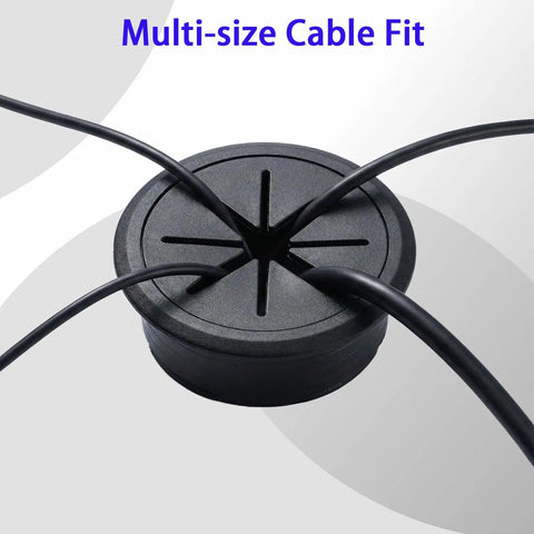 Premium Black Desk Grommets 2 Inch 10 Pack With Cable Management Kit with multiple cables routed through a 2-inch grommet.