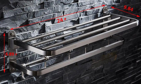 Stainless Steel Towel Rack With Double Towel Bar And Hooks For Bathroom Wall Mounted Shelf Slick Space Saving Foldable Brushed Nickel Finish Heavy Duty All In One Multifunctional Storage Organizer Rustproof 304 Stainless Steel Construction mounted on tiled wall showing dimensions.