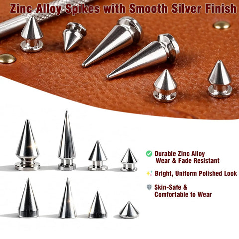 Knockout Punk Rock Spikes And Studs Kit With 364 Pieces For Leather Jackets, Belts, Bags, And Boots, Includes Punch And Screwdriver For Hella Sick Mods, featuring zinc alloy spikes with smooth silver finish.