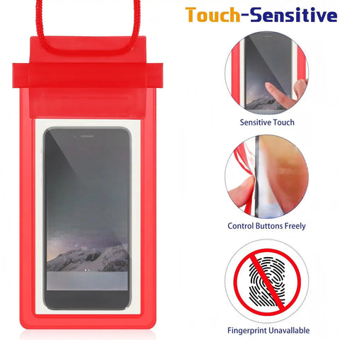 Red pouch from 50 Pack Clear Waterproof Phone Pouches with Adjustable Lanyards, showing phone inside and touch-sensitivity.