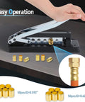 Heavy Duty Ferrule Crimping Tool For Air Hose Repair Kit With Five Dies And 100 Ferrules showing crimped hose and brass fittings