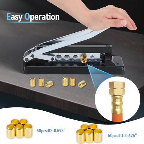 Heavy Duty Ferrule Crimping Tool For Air Hose Repair Kit With Five Dies And 100 Ferrules showing crimped hose and brass fittings