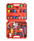 Drop Dead Easy Coolant Vacuum Refill Kit With 34 Pieces And 25 Radiator Adapters, red case with various adapters and vacuum pump.