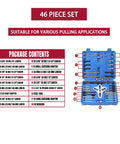 46Pcs Harmonic Balancer Puller Set With Steering Wheel Flywheel Crankshaft And Pulley Pullers Built Tough In Carbon Steel Blue Finish All In One Auto Tool Kit For Safe Easy Removal open case showing contents list